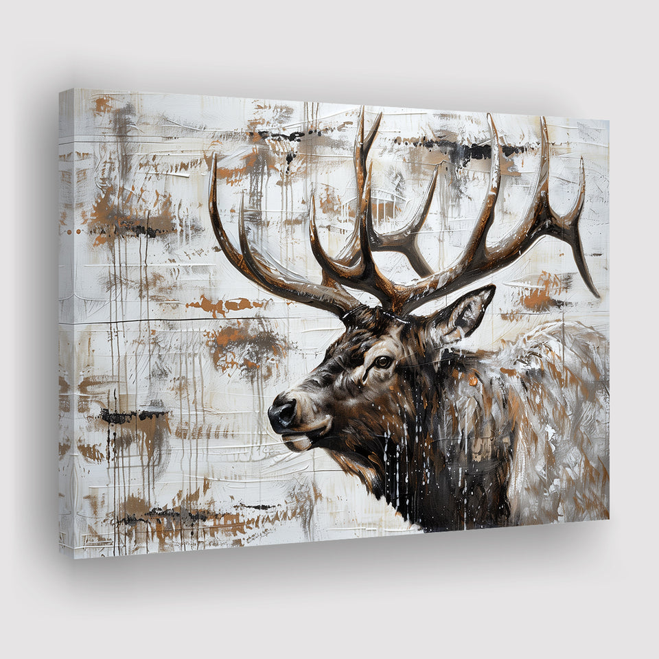 Elk With Antler Painted On Wood Rustic Cabin, Canvas Print Wall Art Decor, Landscape Art Print