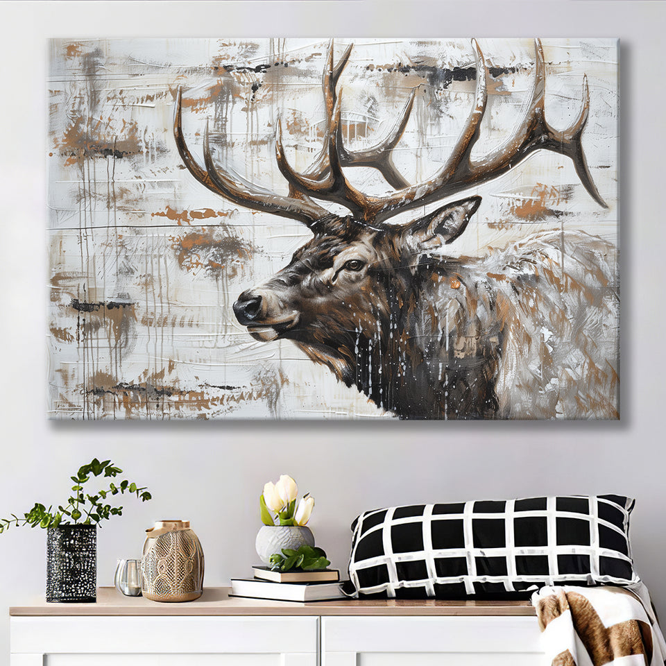 Elk With Antler Painted On Wood Rustic Cabin, Canvas Print Wall Art Decor, Landscape Art Print