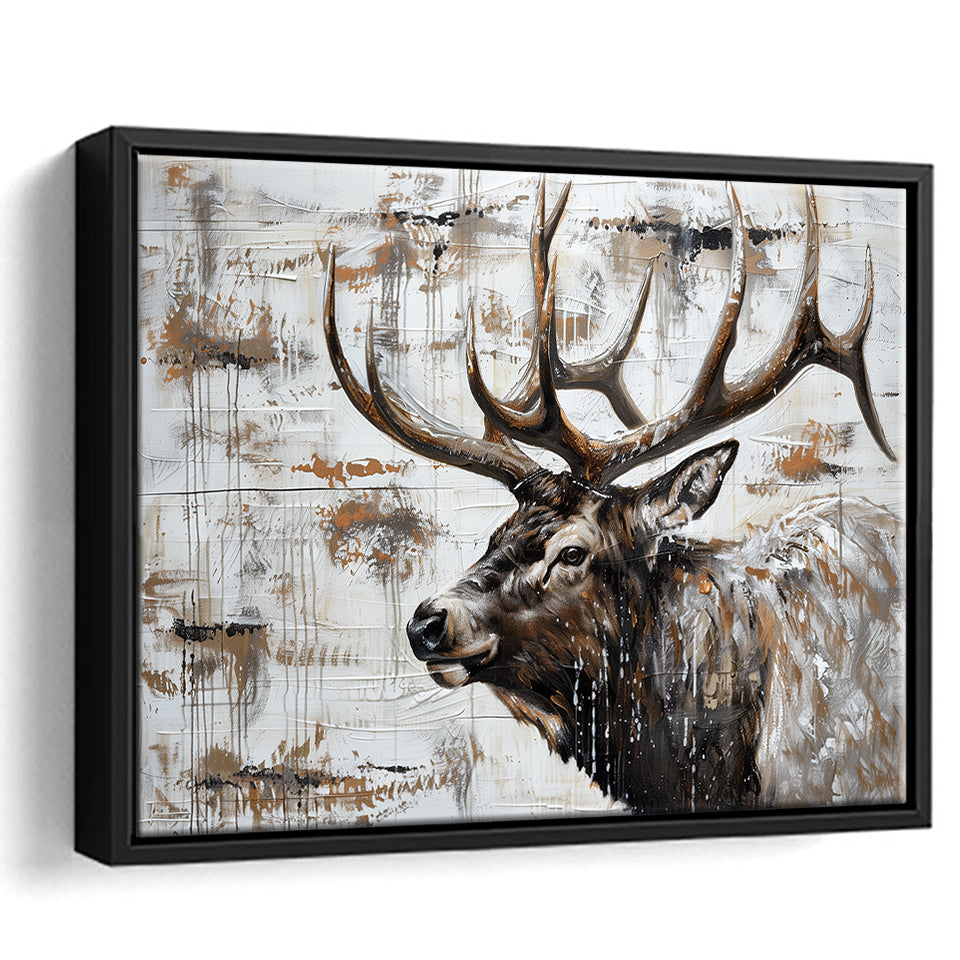 Elk With Antler Painted On Wood Rustic Cabin, Framed Canvas Print Wall Art Decor,Floating Frame