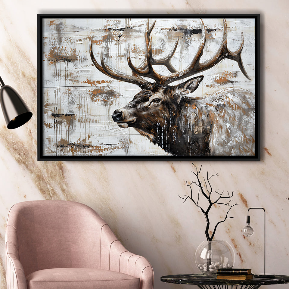 Elk With Antler Painted On Wood Rustic Cabin, Framed Canvas Print Wall Art Decor,Floating Frame