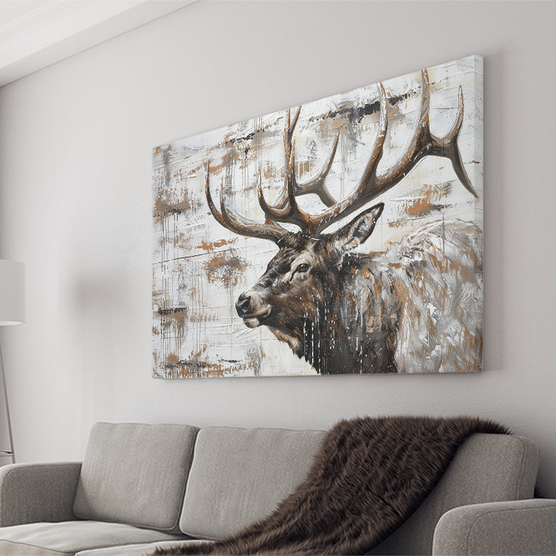 Elk With Antler Painted On Wood Rustic Cabin, Canvas Print Wall Art Decor, Landscape Art Print