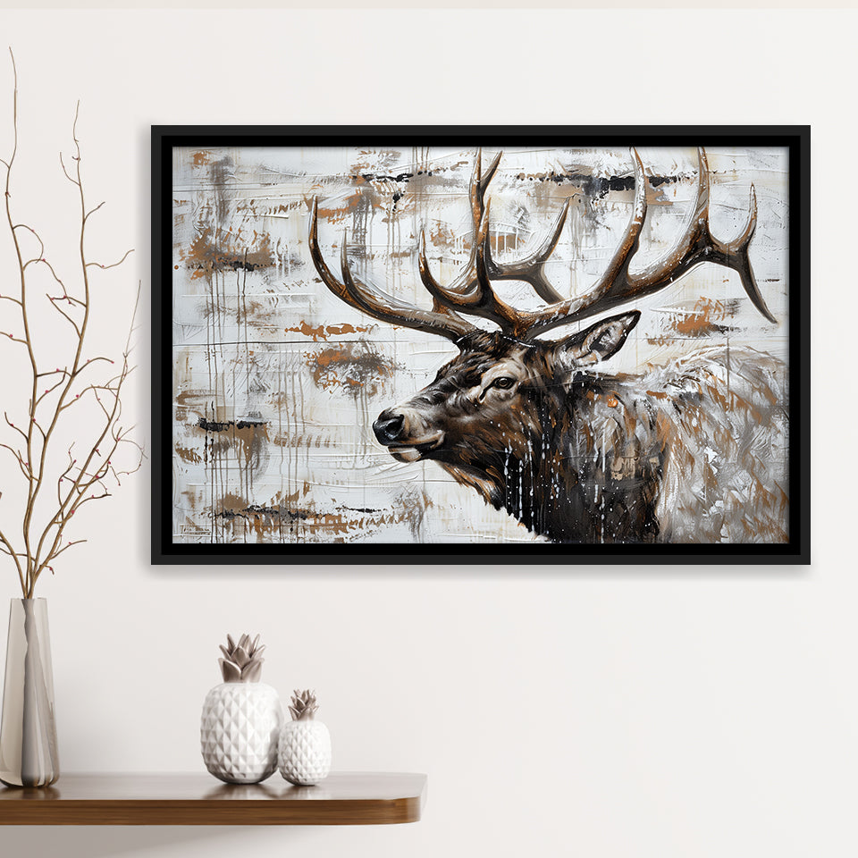 Elk With Antler Painted On Wood Rustic Cabin, Framed Canvas Print Wall Art Decor,Floating Frame