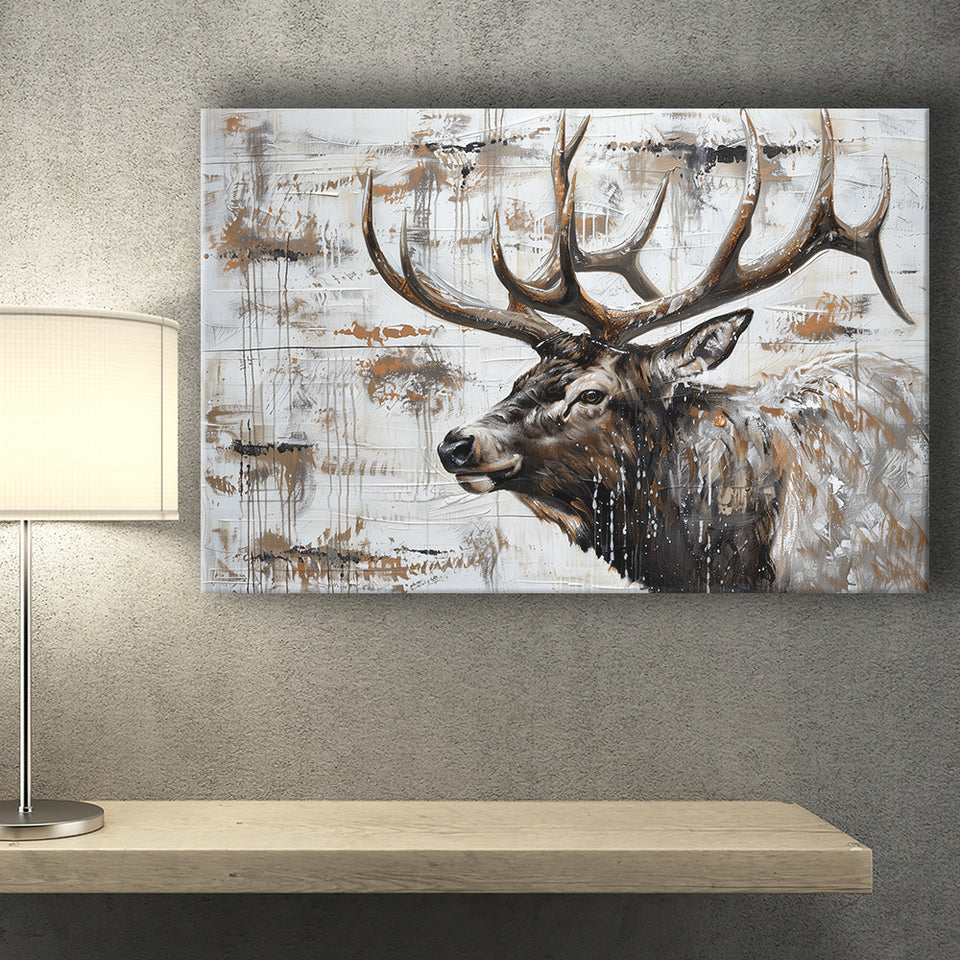 Elk With Antler Painted On Wood Rustic Cabin, Canvas Print Wall Art Decor, Landscape Art Print