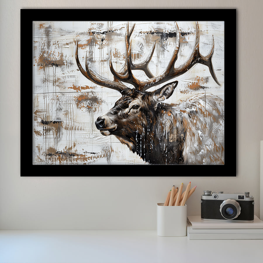 Elk With Antler Painted On Wood Rustic Cabin, Framed Art Print Wall Decor, Framed Picture