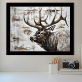 Elk With Antler Painted On Wood Rustic Cabin, Framed Art Print Wall Decor, Framed Picture