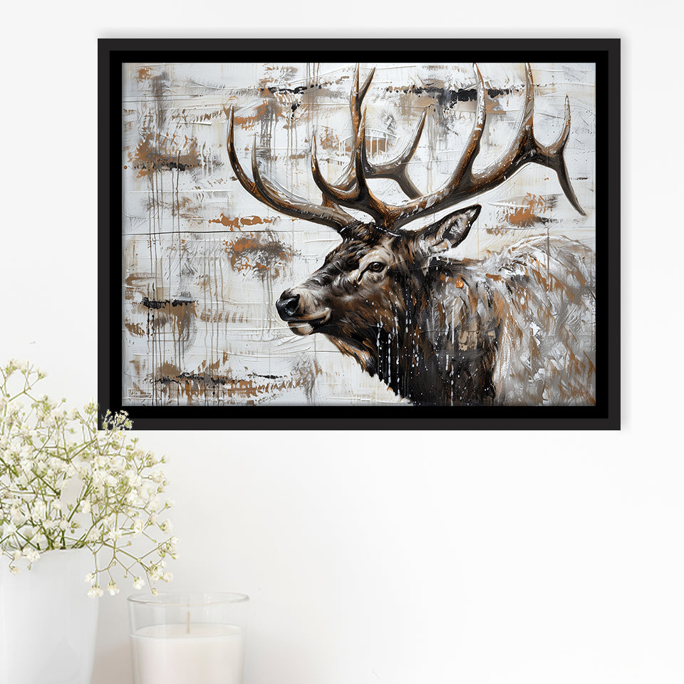 Elk With Antler Painted On Wood Rustic Cabin, Framed Canvas Print Wall Art Decor,Floating Frame
