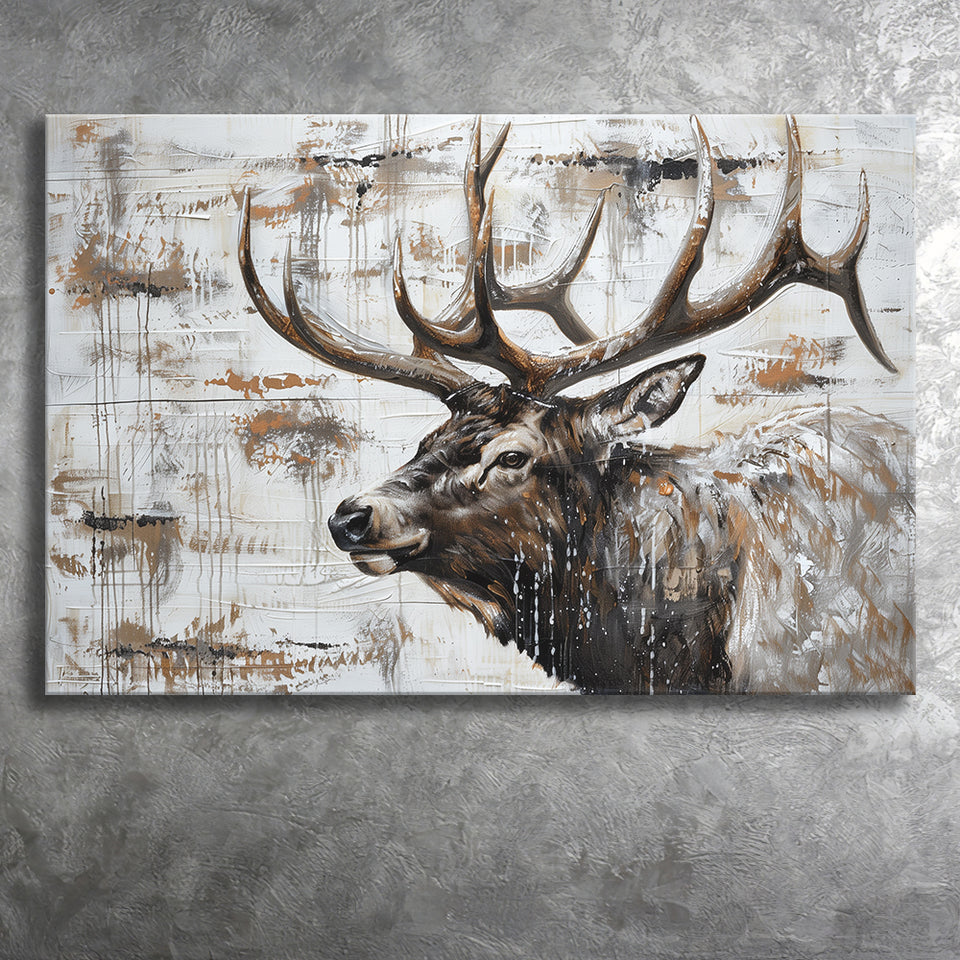 Elk With Antler Painted On Wood Rustic Cabin, Canvas Print Wall Art Decor, Landscape Art Print