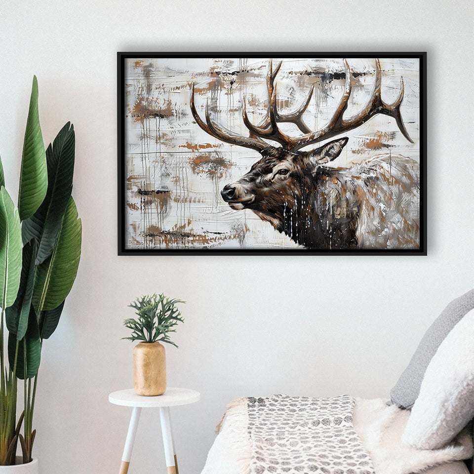 Elk With Antler Painted On Wood Rustic Cabin, Framed Canvas Print Wall Art Decor,Floating Frame
