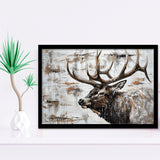 Elk With Antler Painted On Wood Rustic Cabin, Framed Art Print Wall Decor, Framed Picture