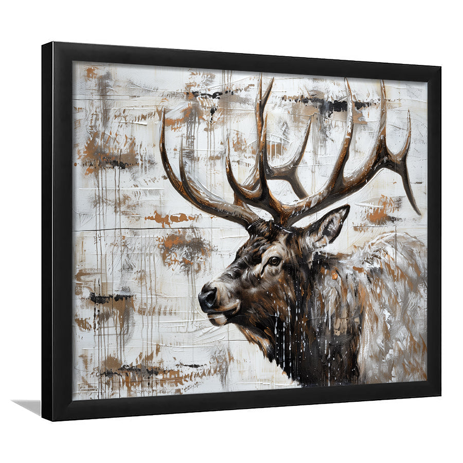 Elk With Antler Painted On Wood Rustic Cabin, Framed Art Print Wall Decor, Framed Picture