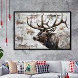 Elk With Antler Painted On Wood Rustic Cabin, Framed Art Print Wall Decor, Framed Picture