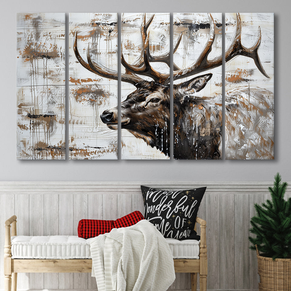 Elk With Antler Painted On Wood Rustic Cabin, Extra Large Multi 5 Panel Canvas Print Wall Art Decor