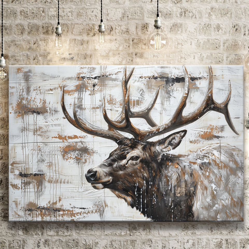 Elk With Antler Painted On Wood Rustic Cabin, Canvas Print Wall Art Decor, Landscape Art Print
