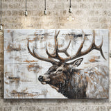 Elk With Antler Painted On Wood Rustic Cabin, Canvas Print Wall Art Decor, Landscape Art Print