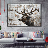 Elk With Antler Painted On Wood Rustic Cabin, Framed Canvas Print Wall Art Decor,Floating Frame