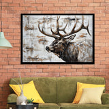 Elk With Antler Painted On Wood Rustic Cabin, Framed Art Print Wall Decor, Framed Picture