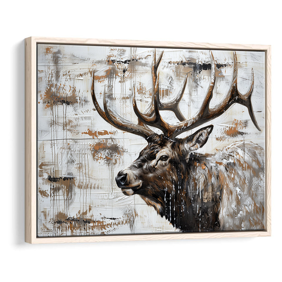 Elk With Antler Painted On Wood Rustic Cabin, Framed Canvas Print Wall Art Decor,Floating Frame