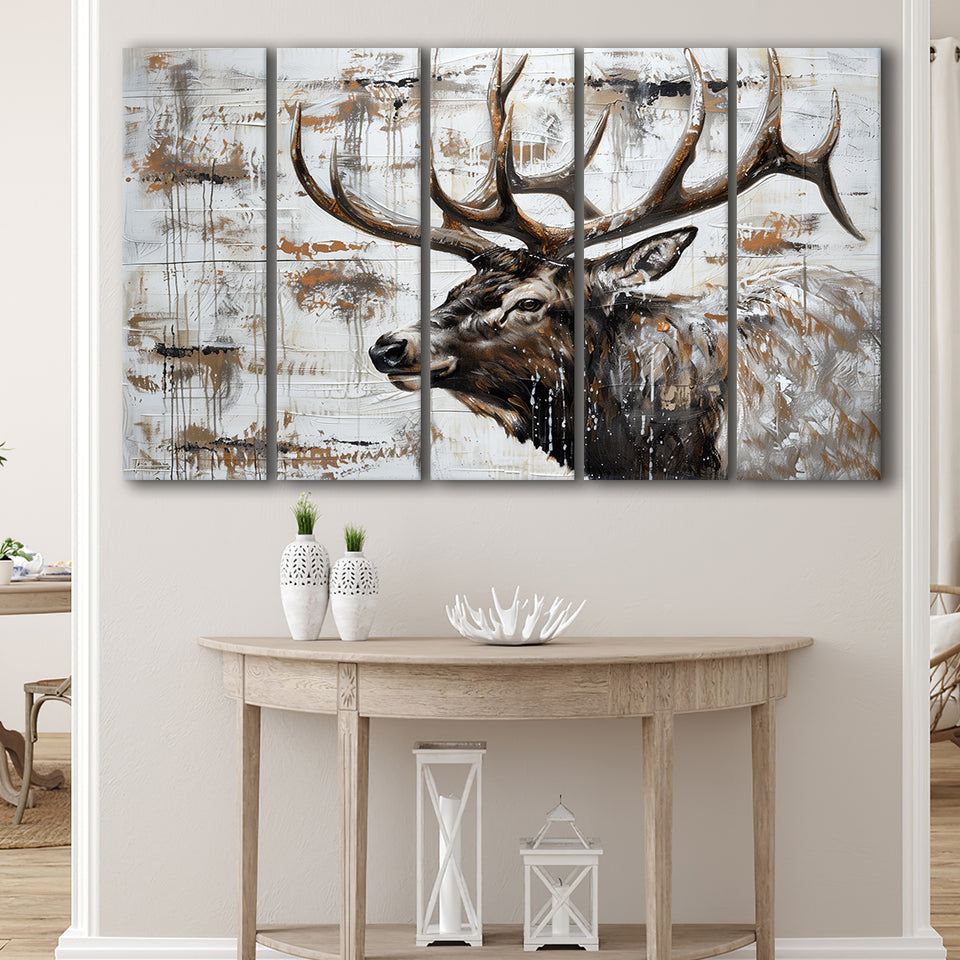 Elk With Antler Painted On Wood Rustic Cabin, Extra Large Multi 5 Panel Canvas Print Wall Art Decor