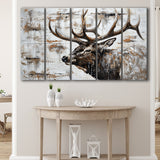 Elk With Antler Painted On Wood Rustic Cabin, Extra Large Multi 5 Panel Canvas Print Wall Art Decor