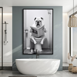 English Bulldog Framed Canvas Prints Wall Art, Funny Bathroom Decor, Bulldog In Toilet