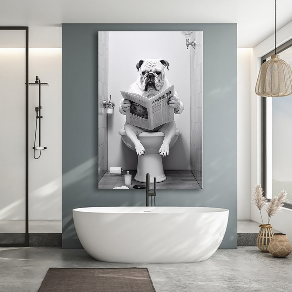 English Bulldog Canvas Prints Wall Art, Funny Bathroom Decor, Bulldog in Toilet