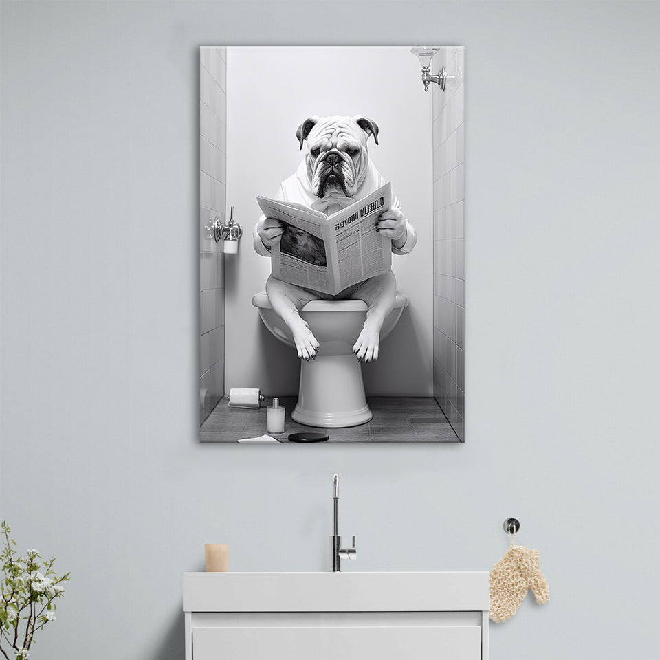 English Bulldog Canvas Prints Wall Art, Funny Bathroom Decor, Bulldog in Toilet