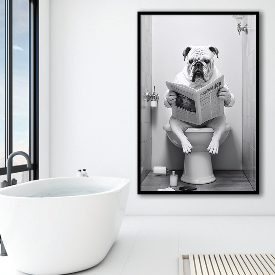 English Bulldog Framed Art Print Wall Decor, Funny Bathroom Decor, Bulldog In Toilet