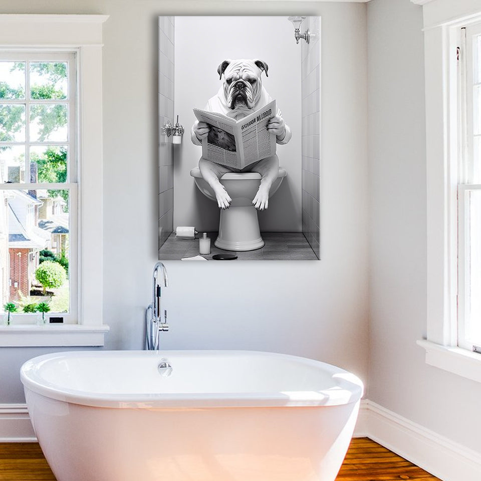 English Bulldog Canvas Prints Wall Art, Funny Bathroom Decor, Bulldog in Toilet