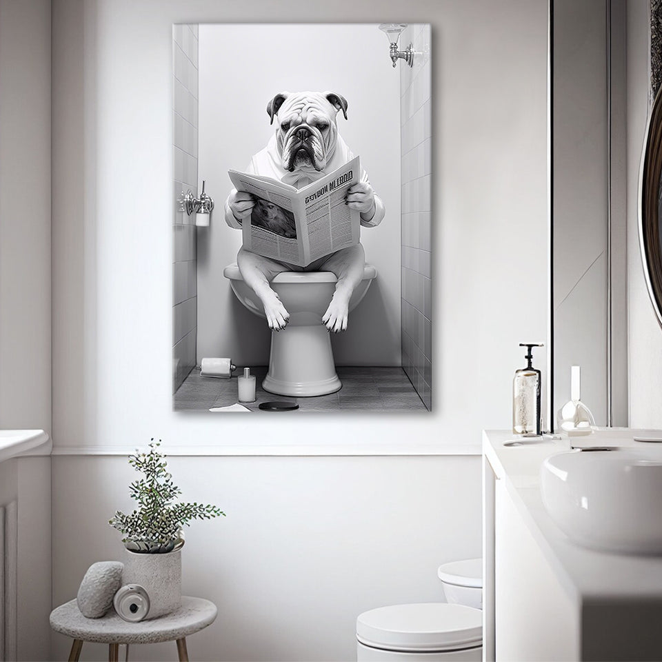 English Bulldog Canvas Prints Wall Art, Funny Bathroom Decor, Bulldog in Toilet