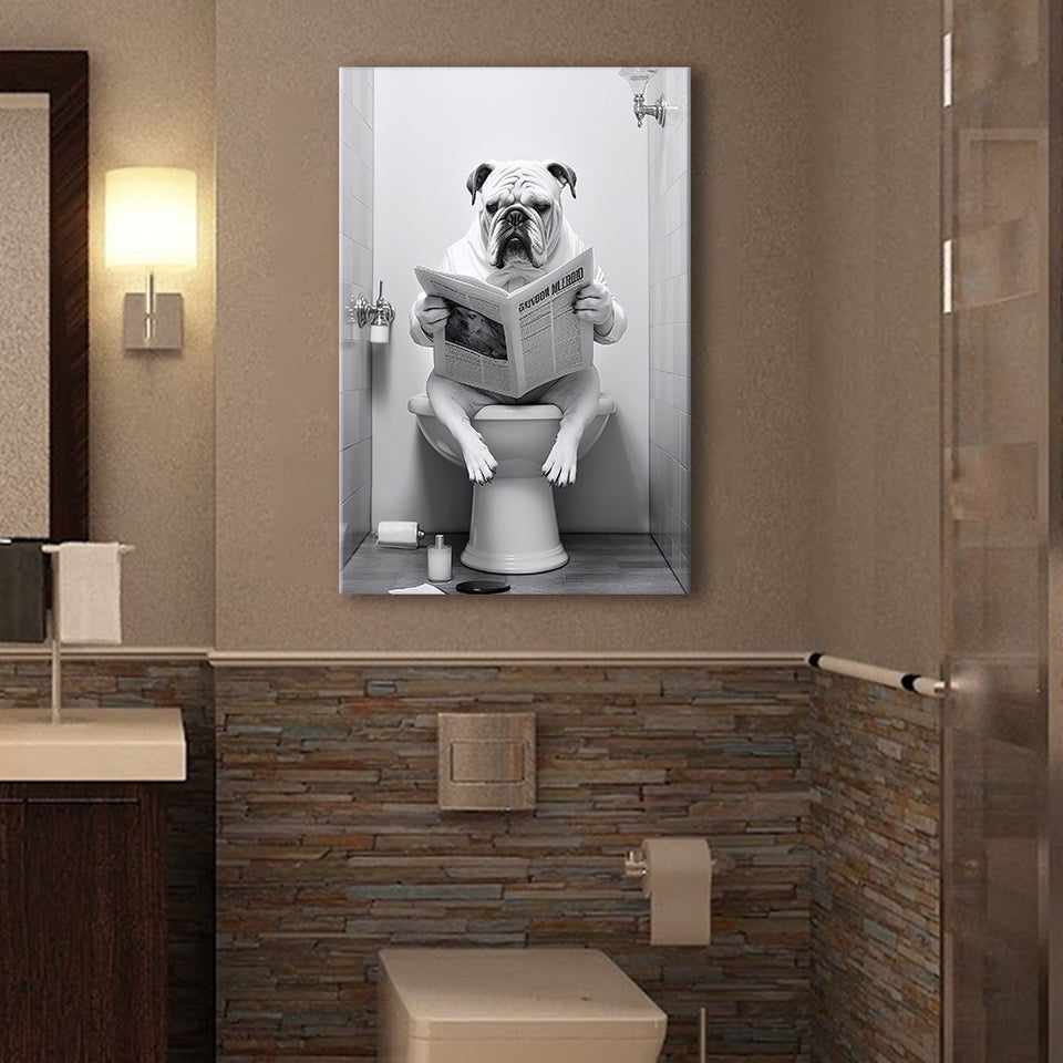 English Bulldog Canvas Prints Wall Art, Funny Bathroom Decor, Bulldog in Toilet