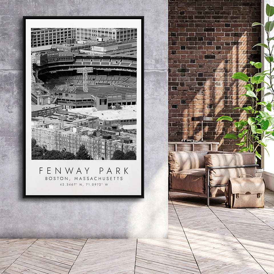 Fenway Park Boston, Stadium Wall Art For Baseball Lovers, B&W, Floating Framed Canvas Print