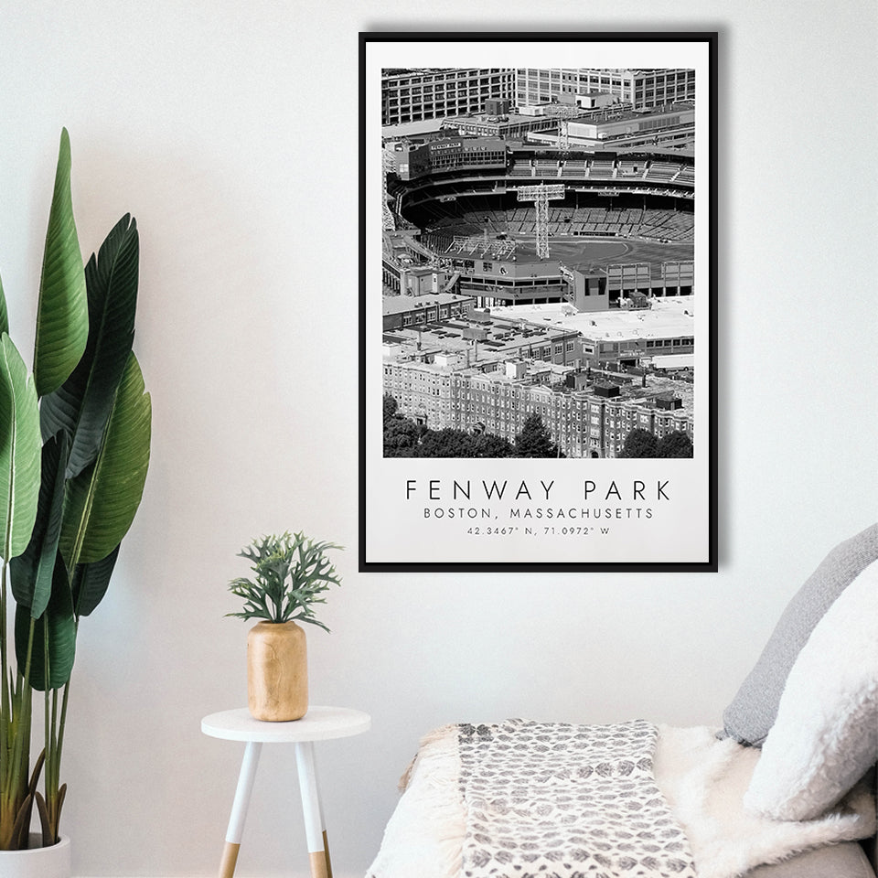 Fenway Park Boston, Stadium Wall Art For Baseball Lovers, B&W, Floating Framed Canvas Print