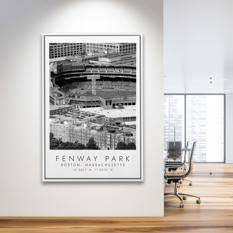 Fenway Park Boston, Stadium Wall Art For Baseball Lovers, B&W, Floating Framed Canvas Print
