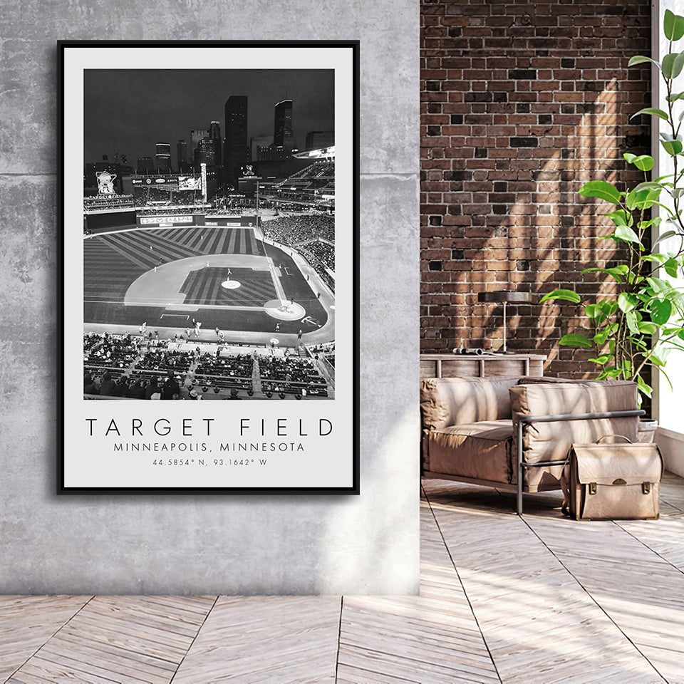 Target Field Stadium Minneapolis, Minnesota Black and White Framed Canvas Floating