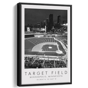 Target Field Stadium Minneapolis, Minnesota Black and White Framed Canvas Floating