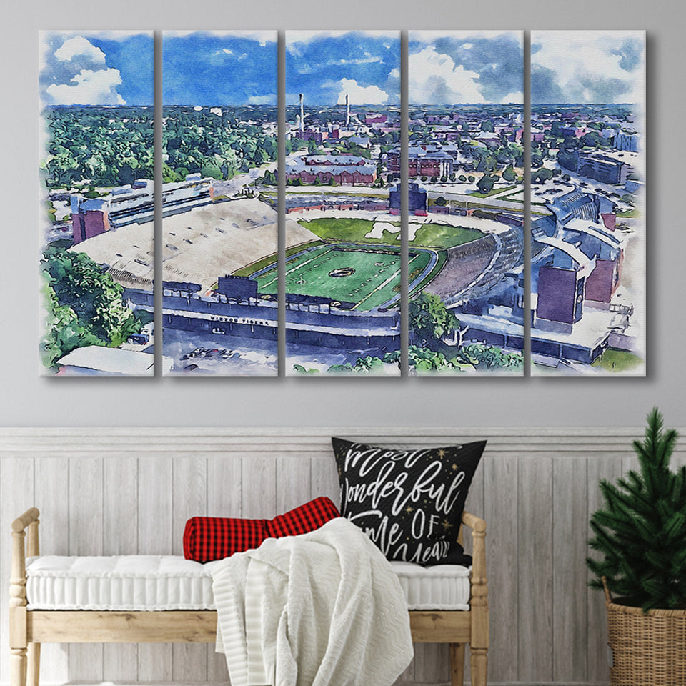 Faurot Field WaterColor 5 Panels B Mixed Canvas Prints, Extra Large, Columbia Missouri Watercolor