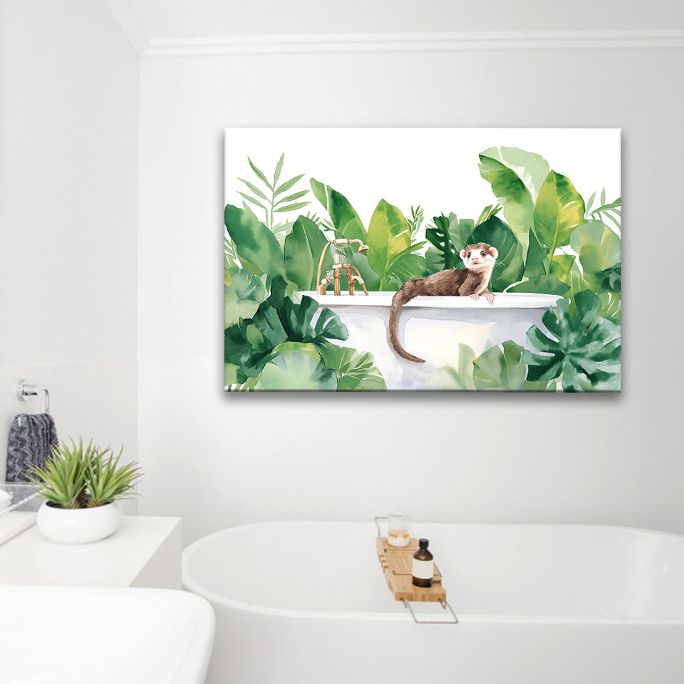 Ferrets In Bathtub Bathroom Print Tropical Leave, Bathroom Art Decor Canvas Prints Wall Art, Animal Bathroom Art