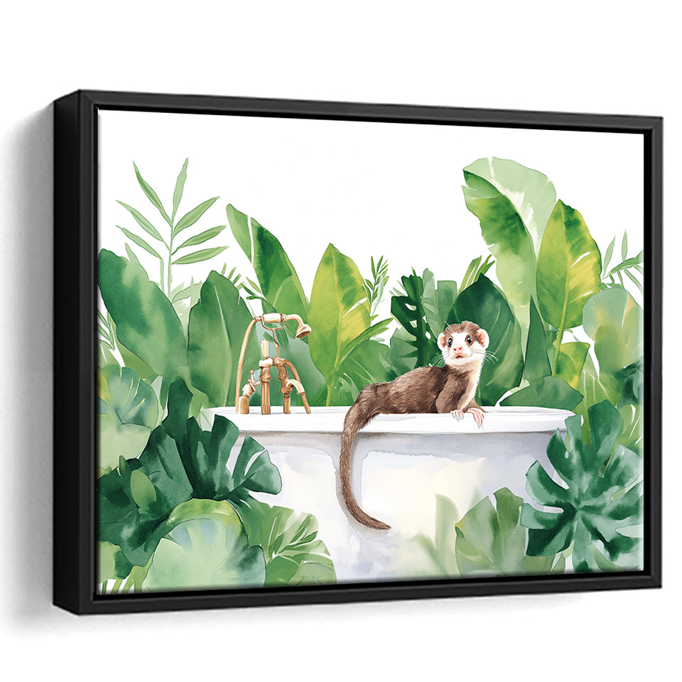 Ferrets In Bathtub Bathroom Print Tropical Leave, Bathroom Art Decor Framed Canvas Prints Wall Art,Floating Frame