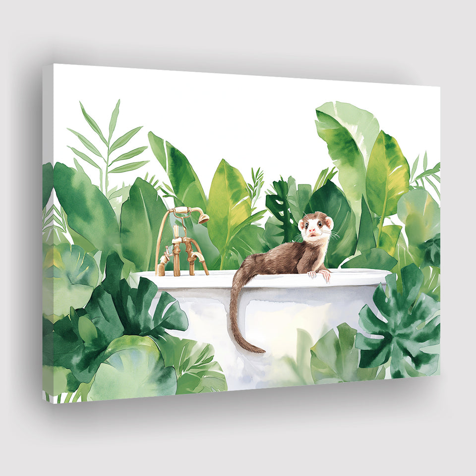 Ferrets In Bathtub Bathroom Print Tropical Leave, Bathroom Art Decor Canvas Prints Wall Art, Animal Bathroom Art