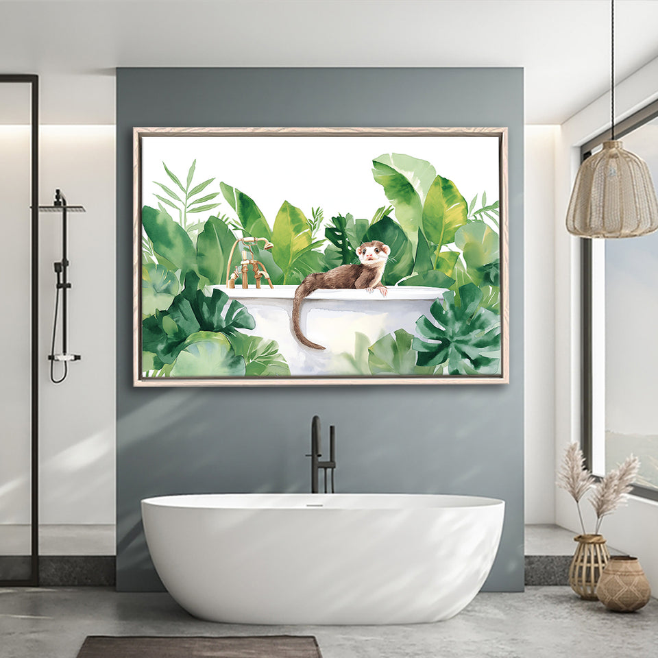 Ferrets In Bathtub Bathroom Print Tropical Leave, Bathroom Art Decor Framed Canvas Prints Wall Art,Floating Frame