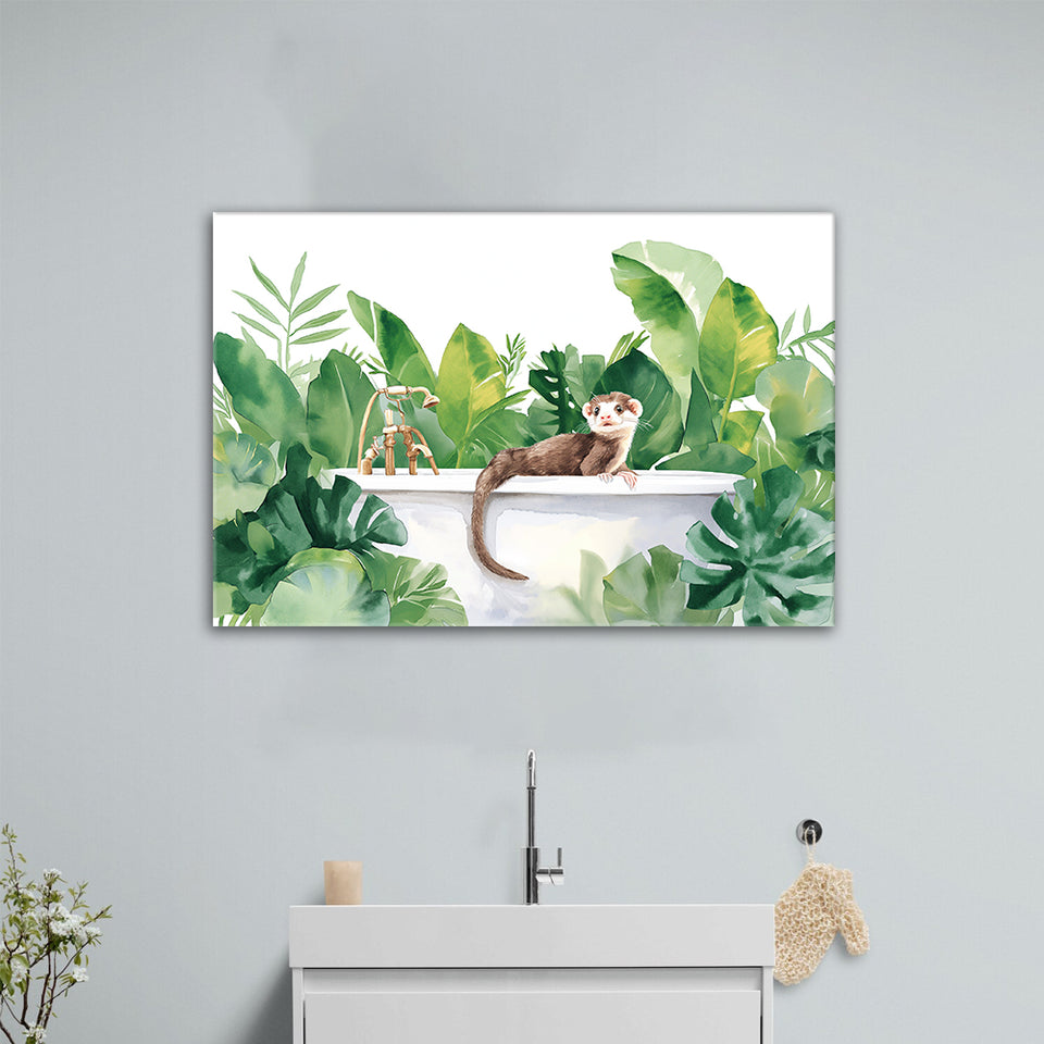 Ferrets In Bathtub Bathroom Print Tropical Leave, Bathroom Art Decor Canvas Prints Wall Art, Animal Bathroom Art