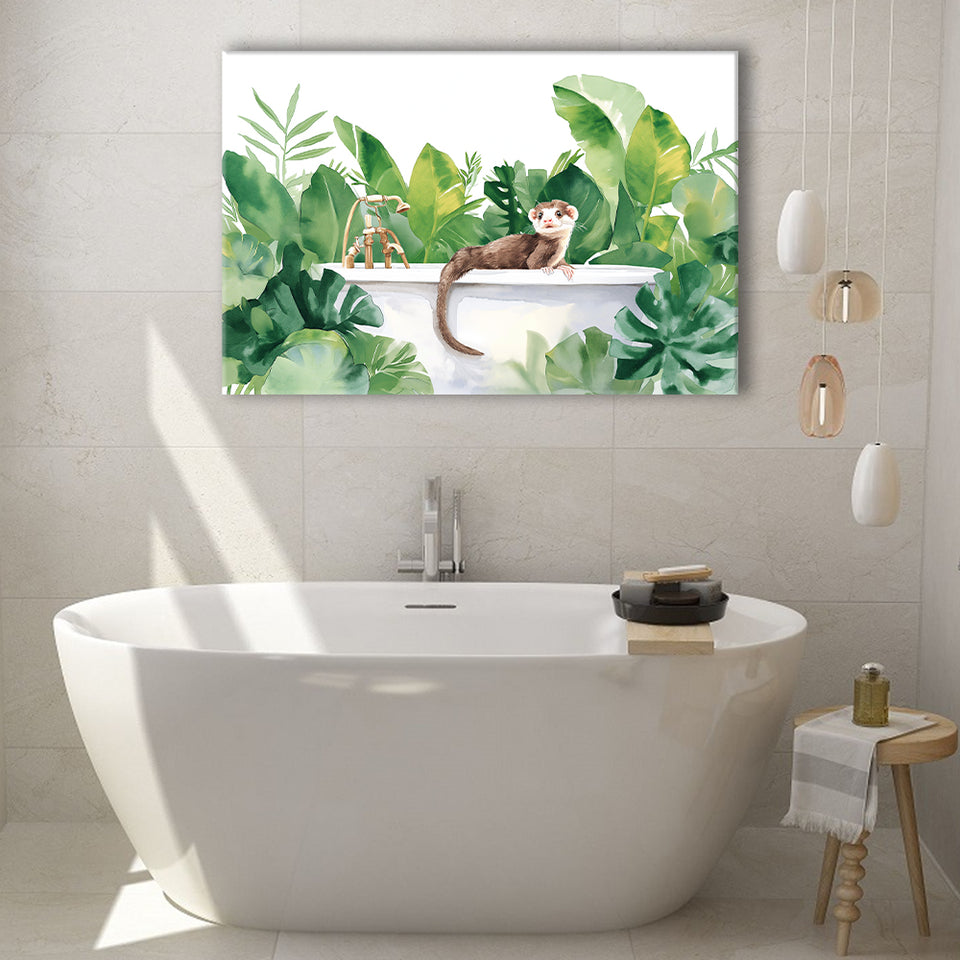 Ferrets In Bathtub Bathroom Print Tropical Leave, Bathroom Art Decor Canvas Prints Wall Art, Animal Bathroom Art