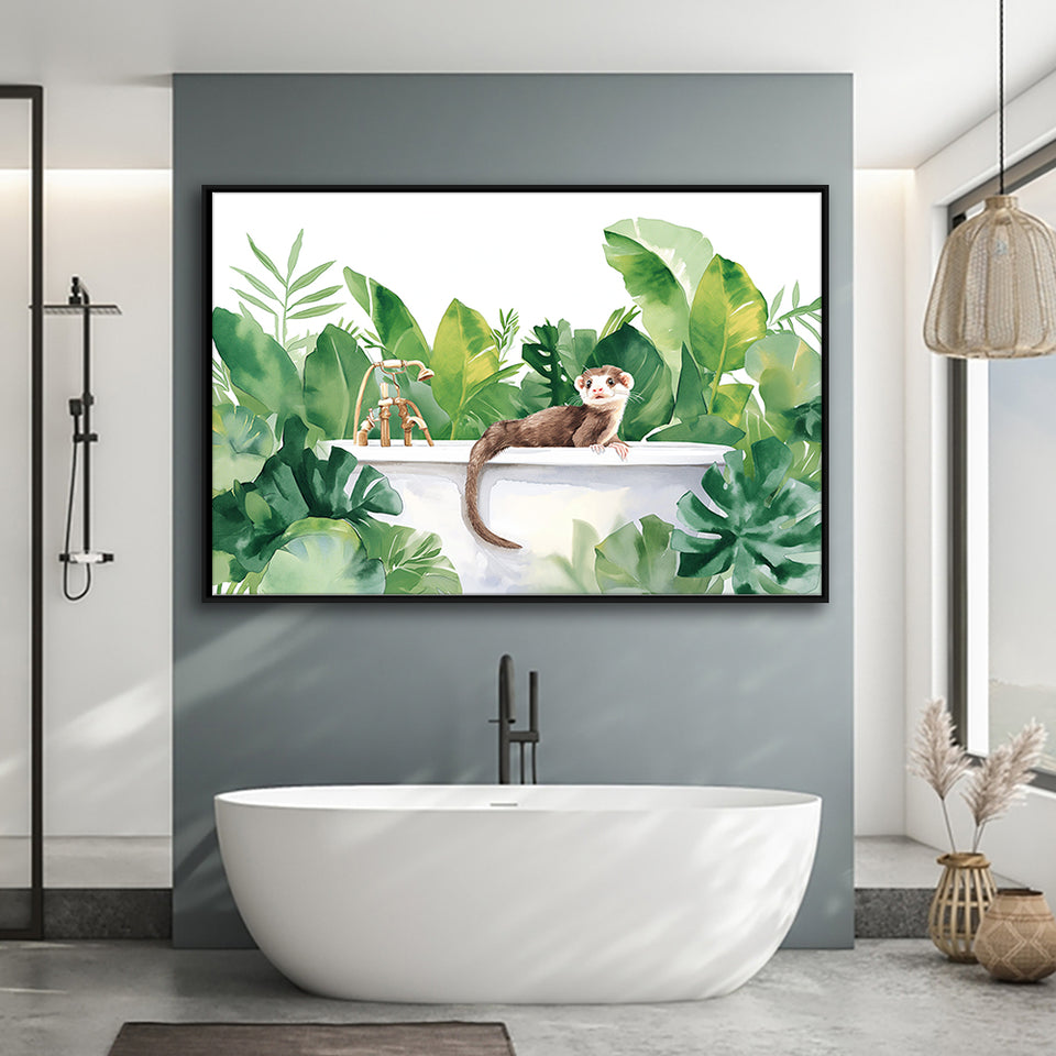 Ferrets In Bathtub Bathroom Print Tropical Leave, Bathroom Art Decor Framed Canvas Prints Wall Art,Floating Frame
