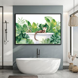 Ferrets In Bathtub Bathroom Print Tropical Leave, Bathroom Art Decor Framed Canvas Prints Wall Art,Floating Frame
