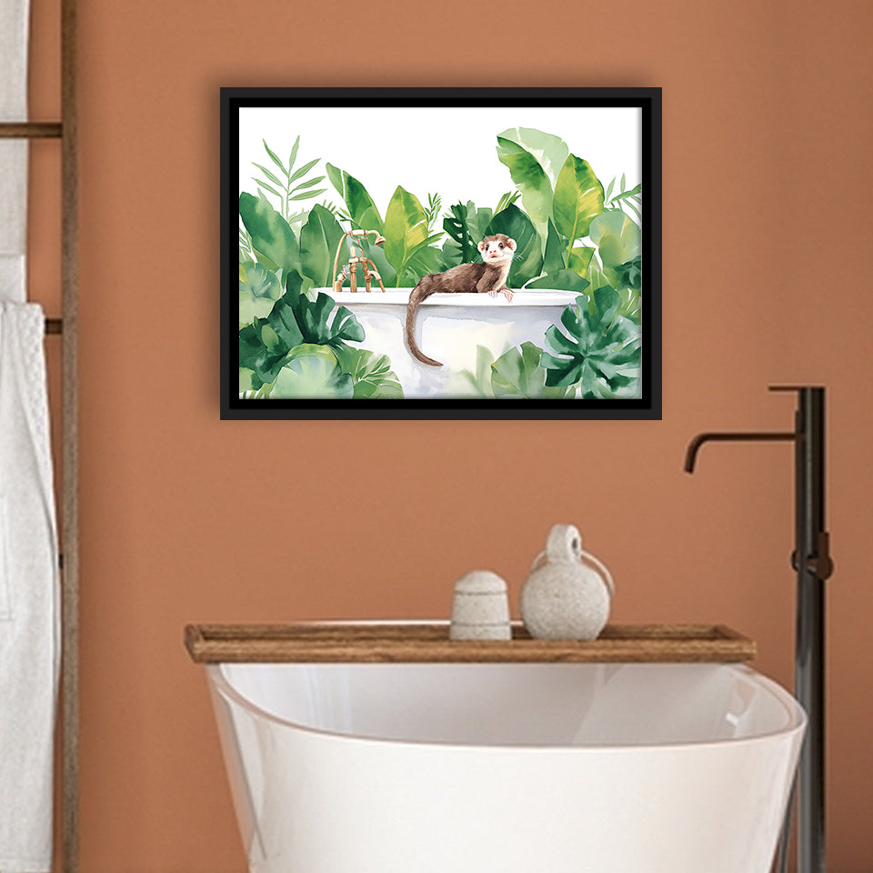 Ferrets In Bathtub Bathroom Print Tropical Leave, Bathroom Art Decor Framed Canvas Prints Wall Art,Floating Frame