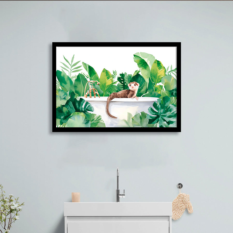 Ferrets In Bathtub Bathroom Print Tropical Leave, Bathroom Art Decor Framed Art PrintsWall Art, Animal Bathroom Art