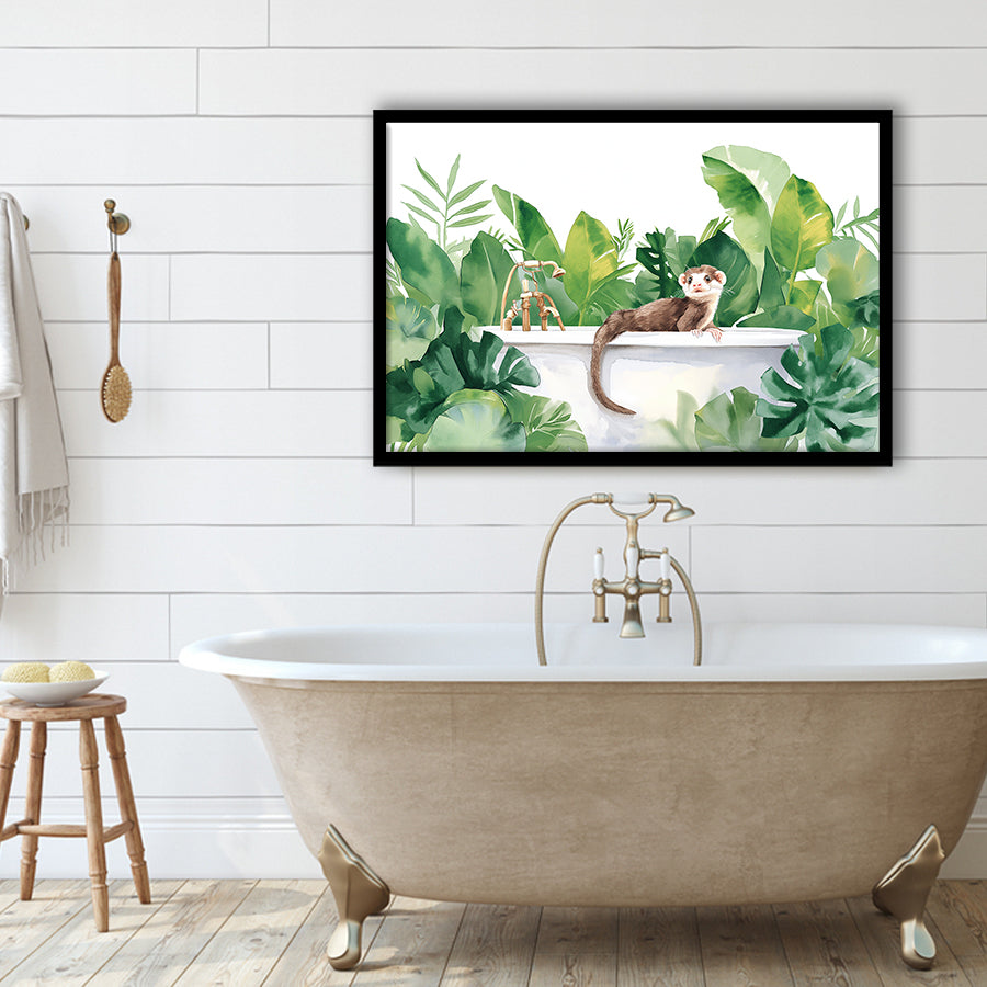 Ferrets In Bathtub Bathroom Print Tropical Leave, Bathroom Art Decor Framed Art PrintsWall Art, Animal Bathroom Art