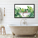 Ferrets In Bathtub Bathroom Print Tropical Leave, Bathroom Art Decor Framed Art PrintsWall Art, Animal Bathroom Art