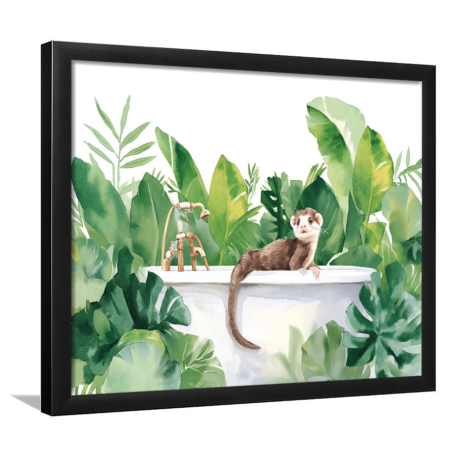 Ferrets In Bathtub Bathroom Print Tropical Leave, Bathroom Art Decor Framed Art PrintsWall Art, Animal Bathroom Art