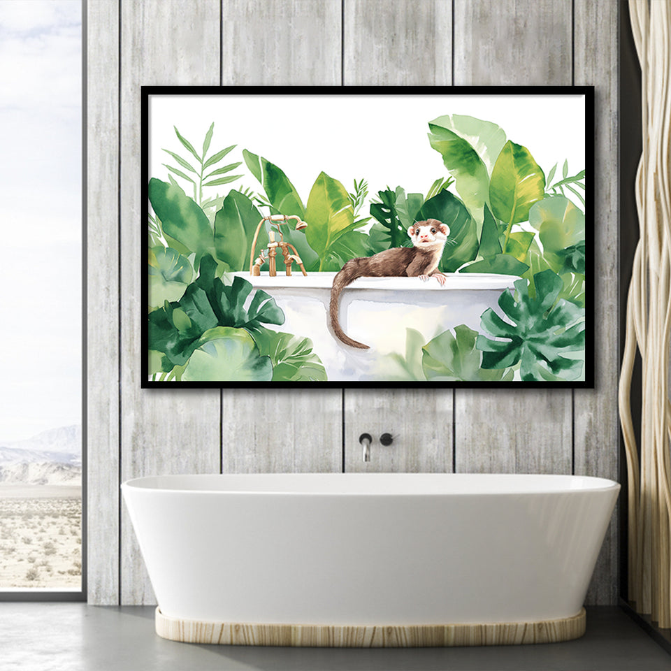 Ferrets In Bathtub Bathroom Print Tropical Leave, Bathroom Art Decor Framed Art PrintsWall Art, Animal Bathroom Art